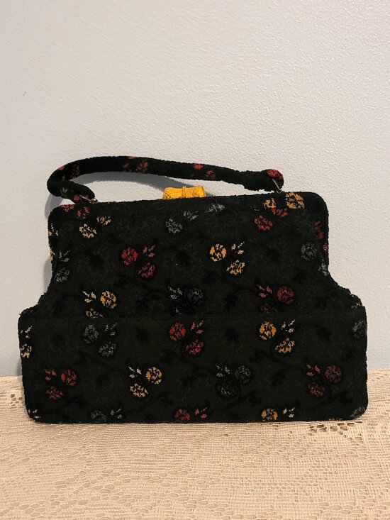 Vintage Handbags - Gorgeous Vintage/MCM Velvet Top Handle Tapestry Bag Black w/ Multicolor Flowers